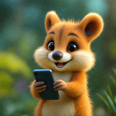 The primary subject of the image is a cartoon character, specifically a small, cute, and fluffy animal, likely a squirrel or a rabbit. The character is holding a cell phone in its hand, and it appears to be interacting with the device. The setting is a forest, with trees visible in the background. The visual style of the image is a digital art or illustration, showcasing the character's adorable appearance and the cell phone's design. The colors and mood of the image are warm and inviting, with the character's fluffy fur and the forest's natural elements creating a cozy and friendly atmosphere.